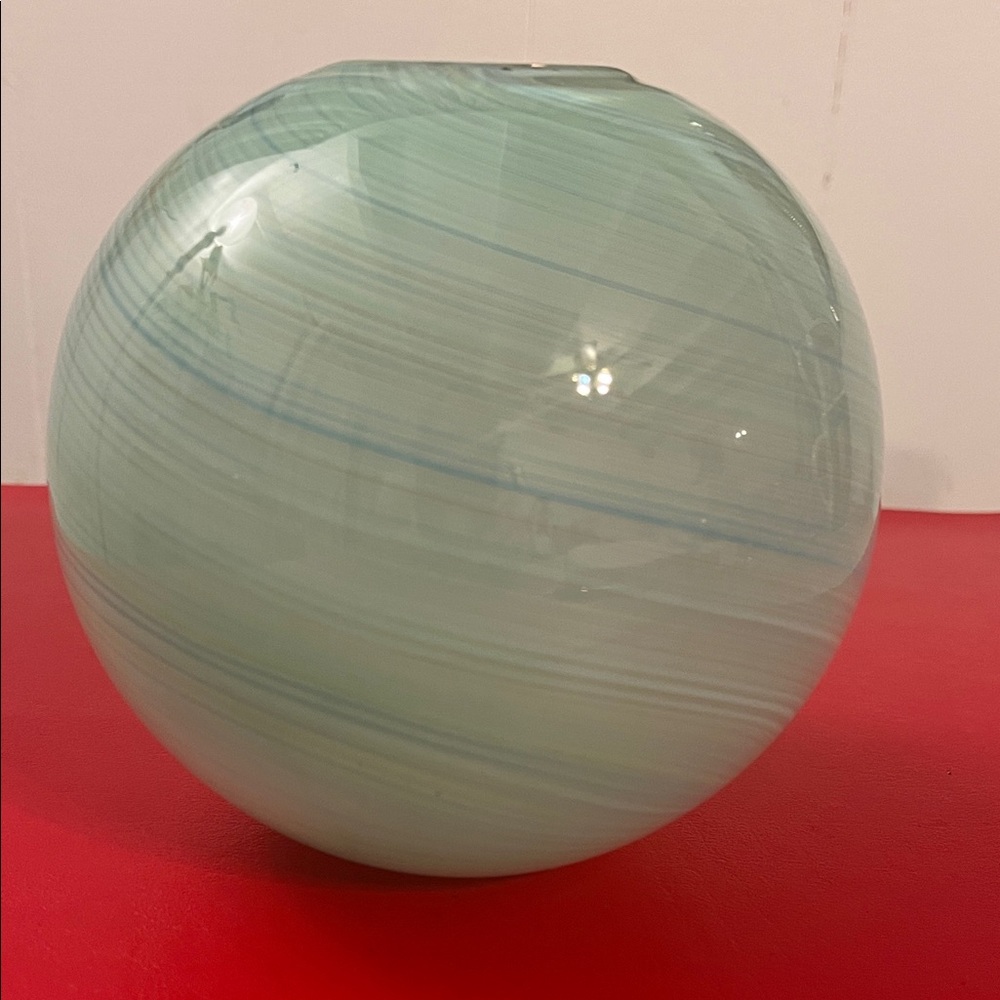 Dansk Mezza Filigrana Art Glass Orb Vase: Green & Blue Swirls, 5.5" MCM Decor